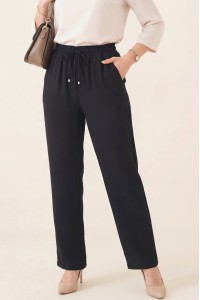 Beli Bağcıklı Dar Paça Pantolon -Siyah