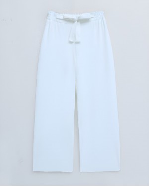Duble Kumaş Beli Kuşaklı Bol Paça Pantolon  -Beyaz