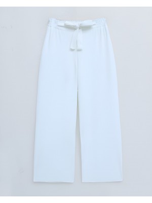 Duble Kumaş Beli Kuşaklı Bol Paça Pantolon  -Beyaz