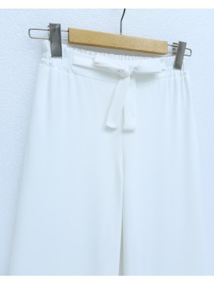 Duble Kumaş Beli Kuşaklı Bol Paça Pantolon  -Beyaz