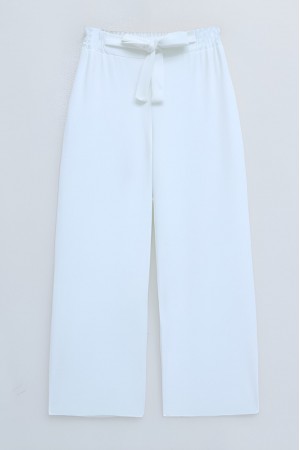 Duble Kumaş Beli Kuşaklı Bol Paça Pantolon  -Beyaz