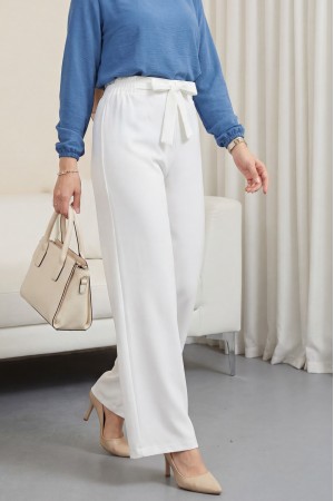Duble Kumaş Beli Kuşaklı Bol Paça Pantolon  -Beyaz
