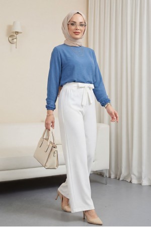 Duble Kumaş Beli Kuşaklı Bol Paça Pantolon  -Beyaz