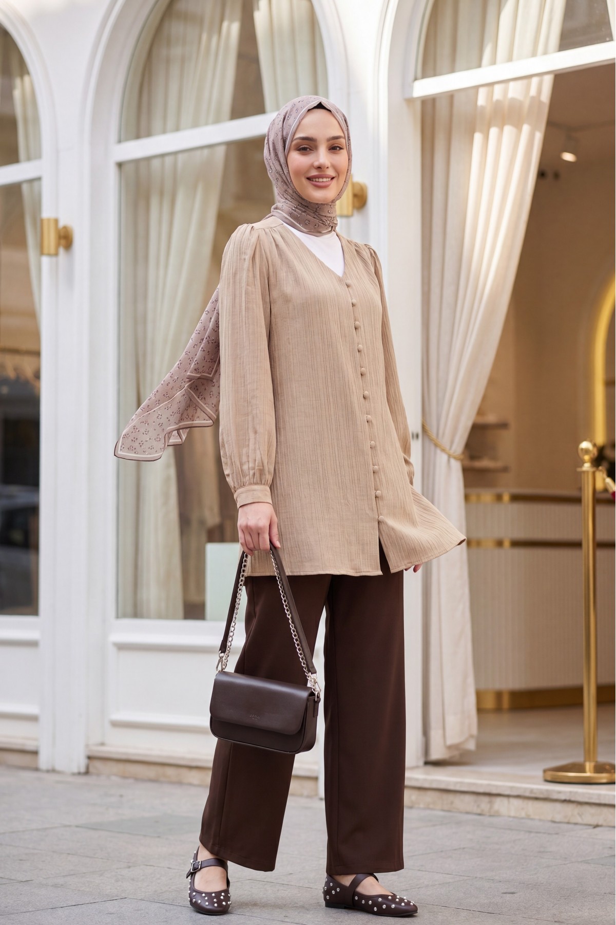 Duble Kumaş Beli Kuşaklı Bol Paça Pantolon  -Kahverengi