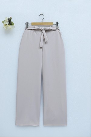 Duble Kumaş Beli Kuşaklı Bol Paça Pantolon   -Bej