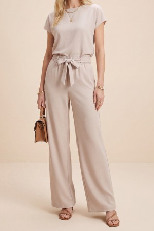 Double Fabric Waist Belted Wide Leg Trousers   - Beige