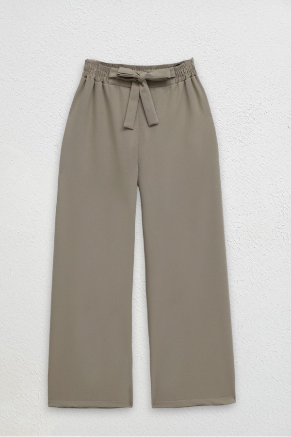 Duble Kumaş Beli Kuşaklı Bol Paça Pantolon   -Vizon