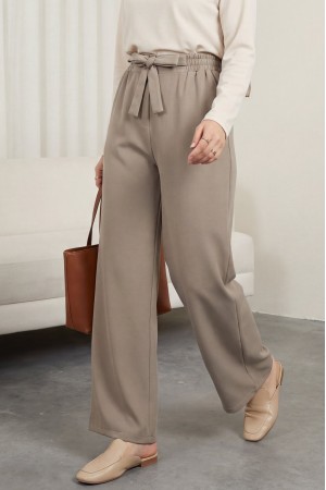 Double Fabric Waist Belted Wide Leg Trousers   -Mink color