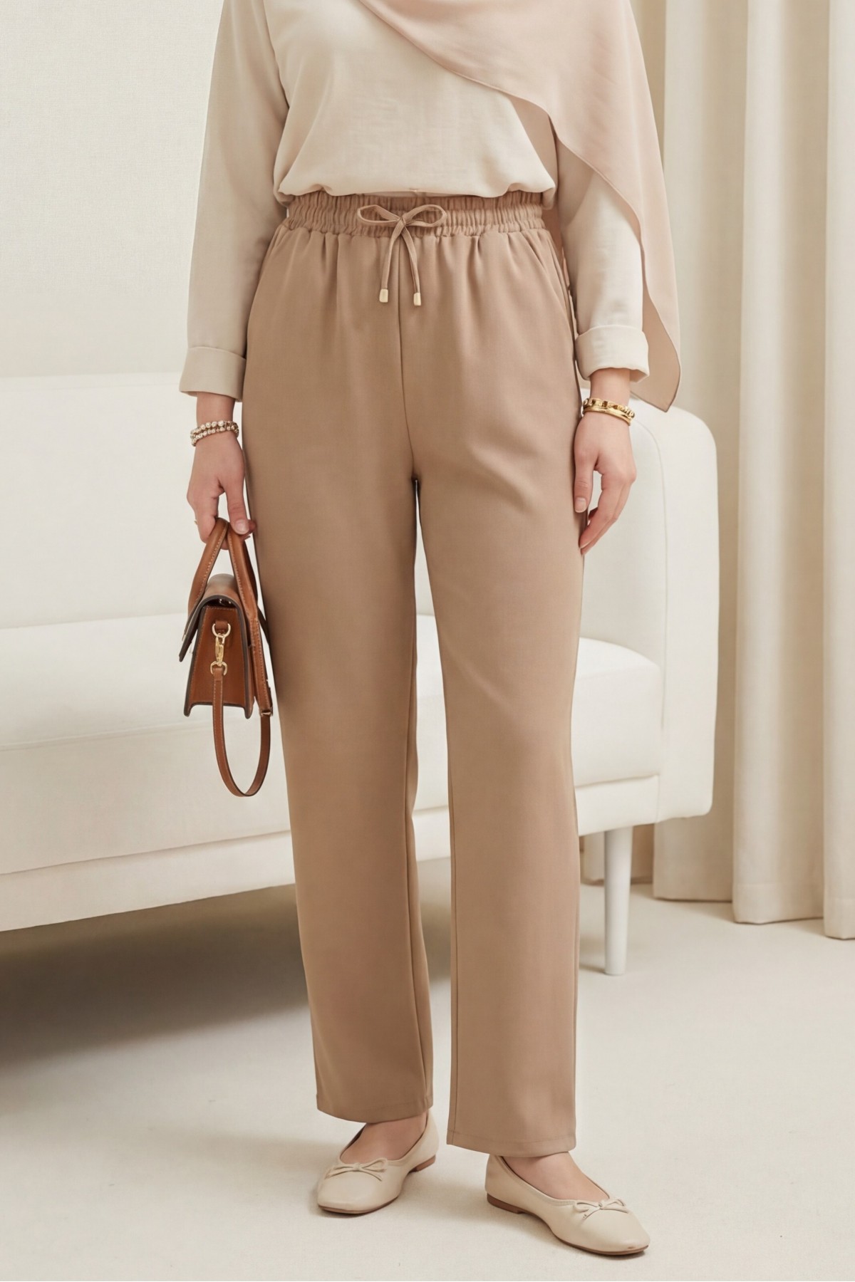Slim Leg Trousers with Waist Lace   -Cinnamon