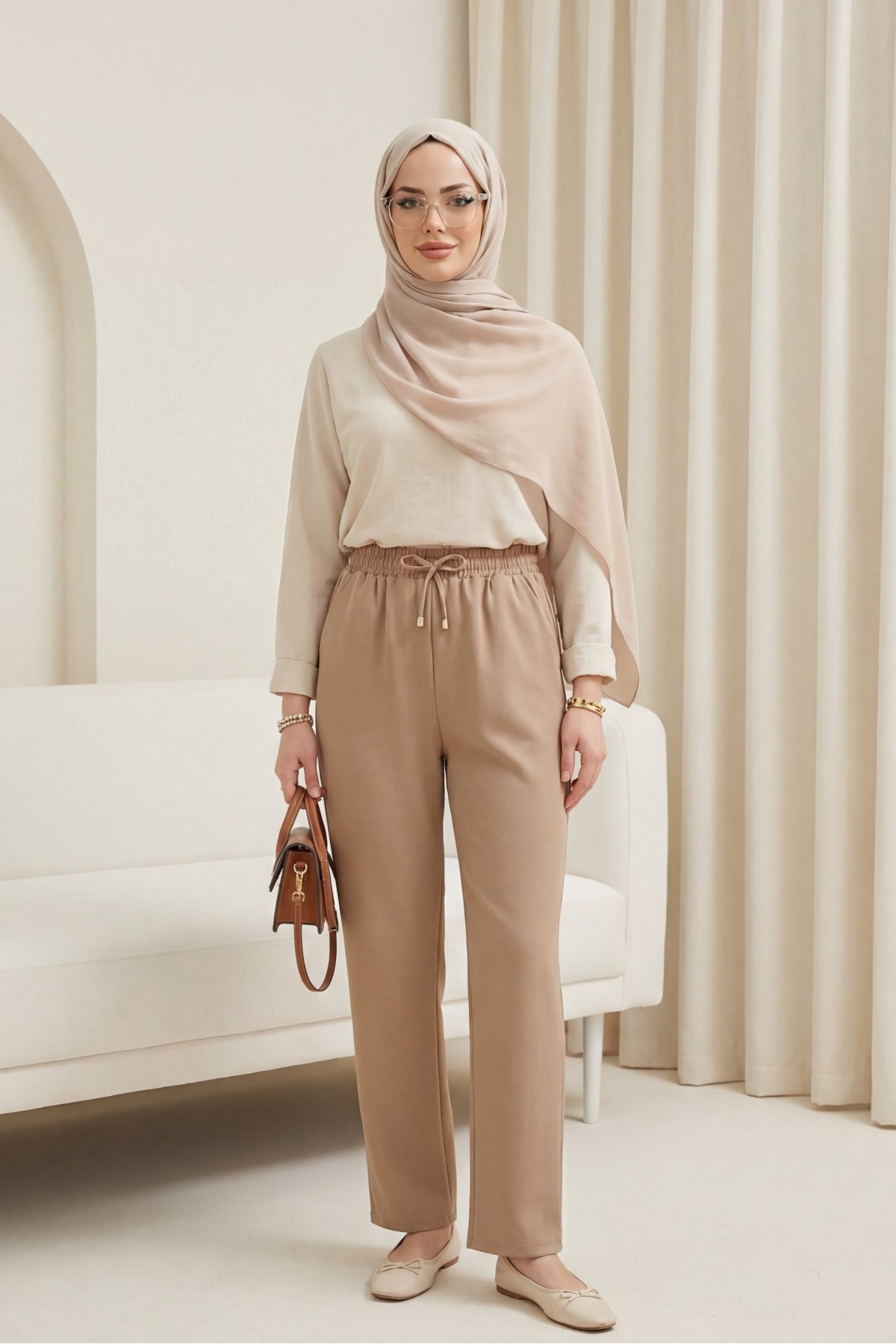 Slim Leg Trousers with Waist Lace   -Cinnamon