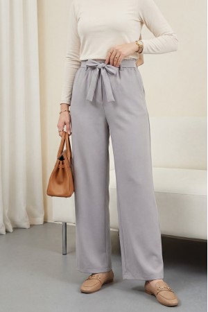 Duble Kumaş Beli Kuşaklı Bol Paça Pantolon   -Gri