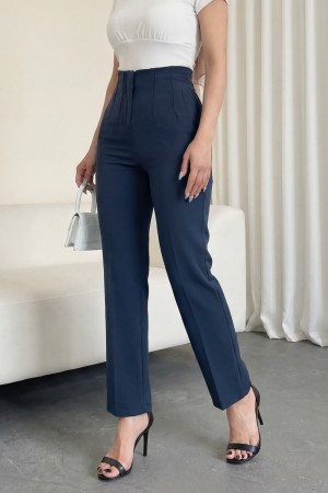 Zra Pleated Carrot Trousers  -Navy blue