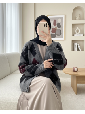 Düğmeli Kare Desenli Çift Kat Triko Hırka -Füme