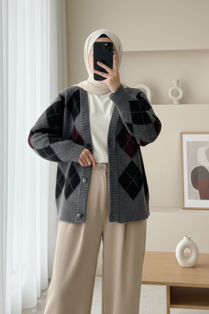 Düğmeli Kare Desenli Çift Kat Triko Hırka -Füme