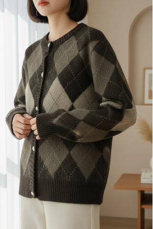 Düğmeli Kare Desenli Çift Kat Triko Hırka -K. Kahve