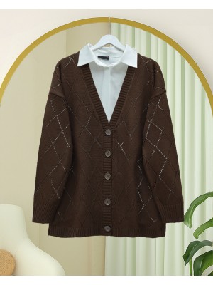 Openwork Diamond Patterned Knitwear Cardigan -Brown