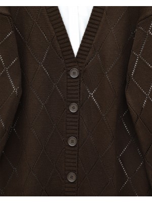 Openwork Diamond Patterned Knitwear Cardigan -Brown