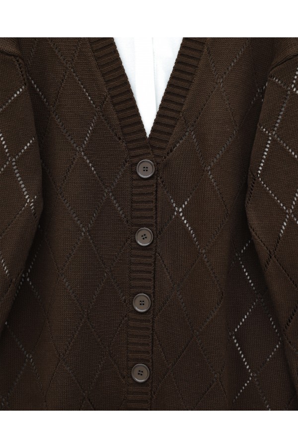 Openwork Diamond Patterned Knitwear Cardigan -Brown
