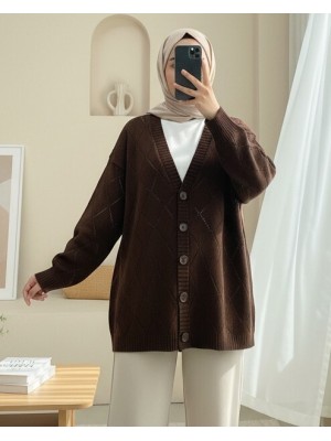 Openwork Diamond Patterned Knitwear Cardigan -Brown