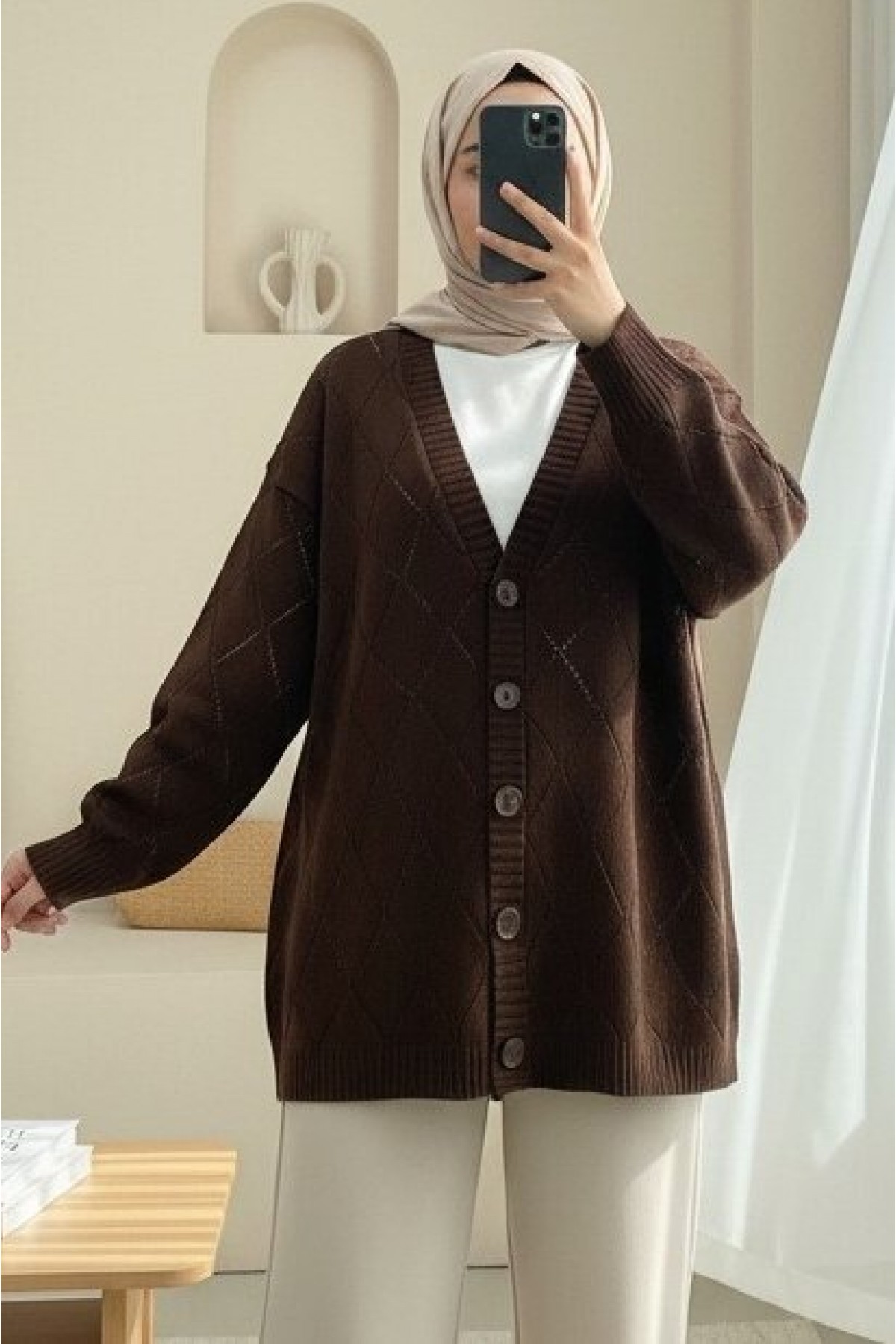 Openwork Diamond Patterned Knitwear Cardigan -Brown