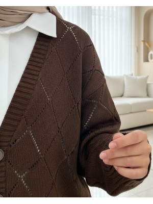 Openwork Diamond Patterned Knitwear Cardigan -Brown