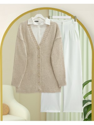 Buttoned Front Knitted Cardigan -Light Mink