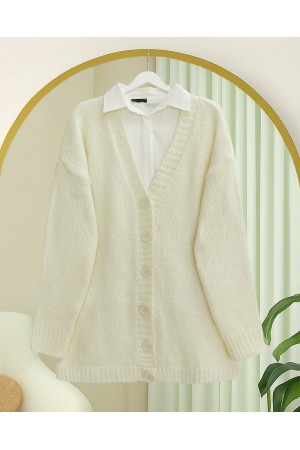 Önü  Düğmeli Örme Triko Hırka  -Ekru