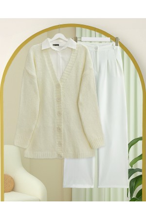 Önü  Düğmeli Örme Triko Hırka  -Ekru