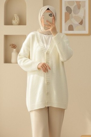 Önü  Düğmeli Örme Triko Hırka  -Ekru