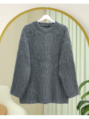 Yuvarlak Yaka Sakallı Triko Kazak -Füme