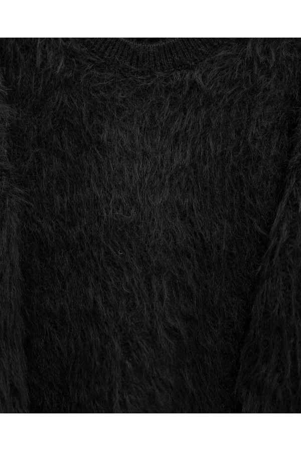 Round Neck Bearded Knit Sweater -Black