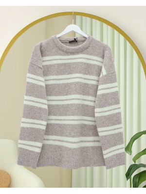 Yuvarlak Yaka Çizgili Yumoş Triko Kazak -Açık Vizon