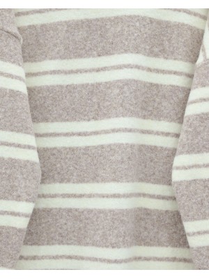 Yuvarlak Yaka Çizgili Yumoş Triko Kazak -Açık Vizon