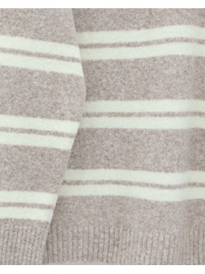 Yuvarlak Yaka Çizgili Yumoş Triko Kazak -Açık Vizon