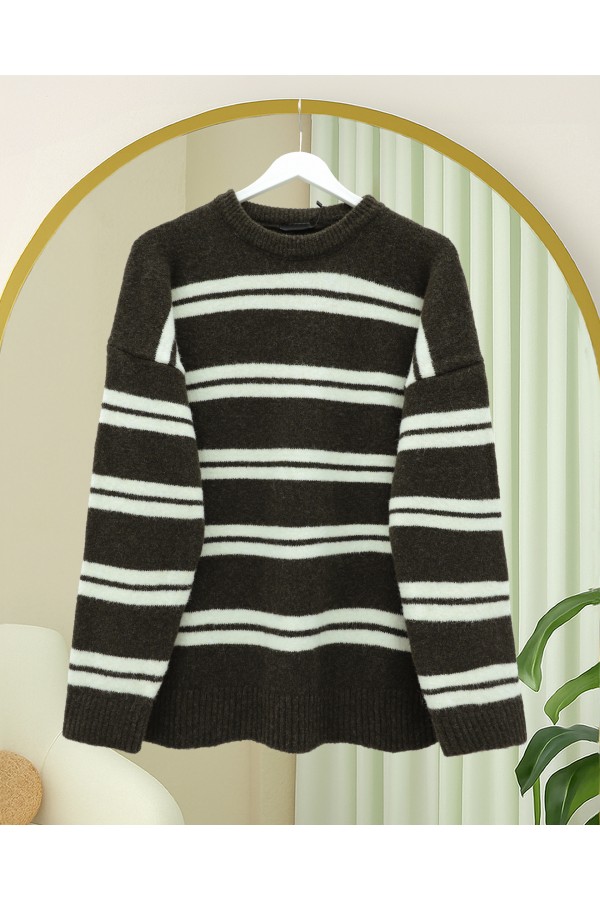 Round Neck Striped Soft Knit Sweater -Dark Coffee