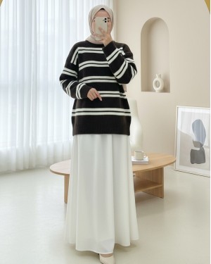 Round Neck Striped Soft Knit Sweater -Dark Coffee