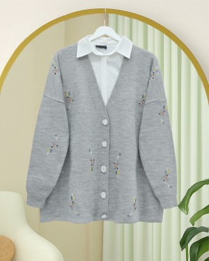 Floral Embroidered Shiny Buttoned Knit Cardigan -Grey