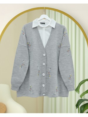 كارديجان محبوك لامع بأزرار مطرز بالزهور -اللون الرمادي