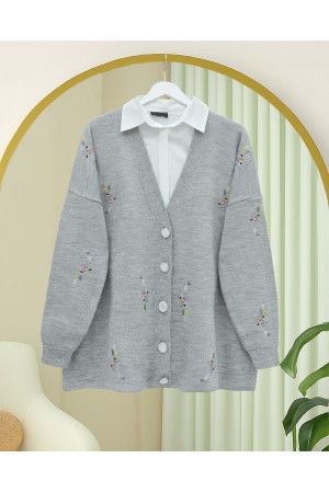 Floral Embroidered Shiny Buttoned Knit Cardigan -Grey