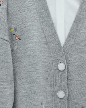 Floral Embroidered Shiny Buttoned Knit Cardigan -Grey