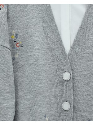 كارديجان محبوك لامع بأزرار مطرز بالزهور -اللون الرمادي