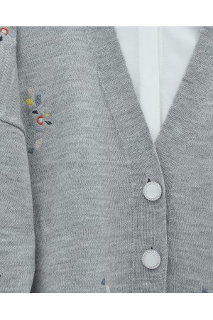 Floral Embroidered Shiny Buttoned Knit Cardigan -Grey
