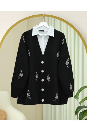 Floral Embroidered Shiny Buttoned Knit Cardigan -Black