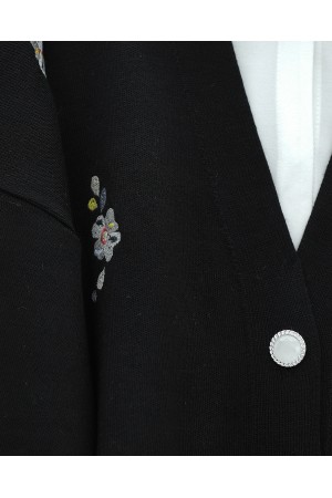 Floral Embroidered Shiny Buttoned Knit Cardigan -Black