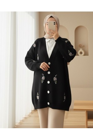 Floral Embroidered Shiny Buttoned Knit Cardigan -Black