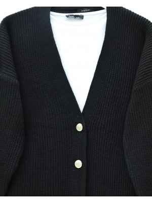 Gold Buttoned Casual Knit Cardigan -Black