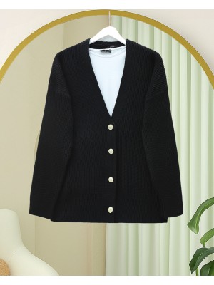 Gold Buttoned Casual Knit Cardigan -Black
