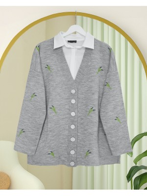 Taşlı Düğmeli Dal Desenli Triko Hırka -Gri