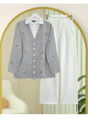 Taşlı Düğmeli Dal Desenli Triko Hırka -Gri