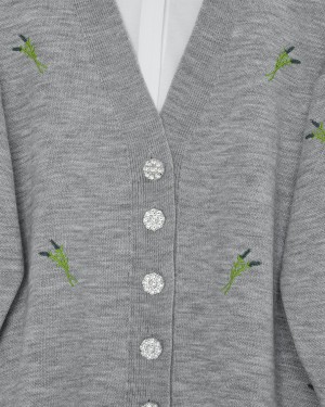 Stone-Buttoned Branch Patterned Knitwear Cardigan -Grey